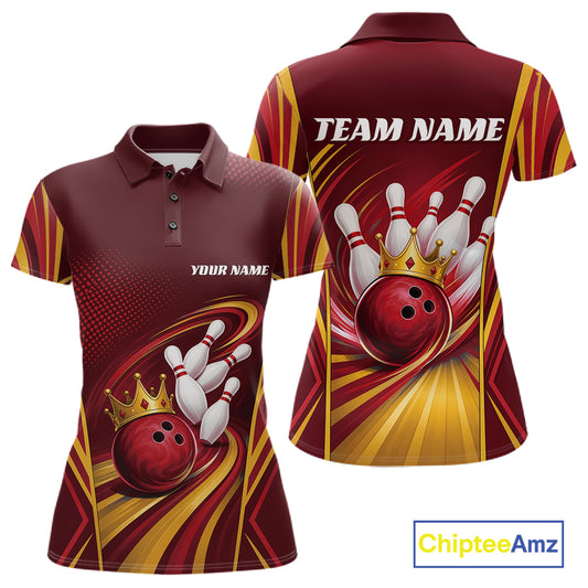 Custom womens bowling short-sleeve polo shirt shown from the front and back. The design features a dark maroon base with yellow and gold abstract streaks, a red bowling ball with a gold crown, and white bowling pins.