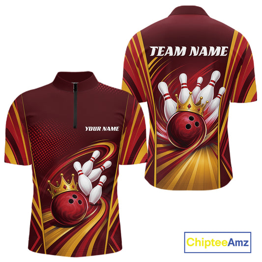 Front and back views of a short-sleeve bowling-themed quarter-zip shirt in maroon, gold, and red. The front shows a black zipper, white placeholder text reading 'YOUR NAME', and bowling graphics with a red ball, white pins, and a gold crown.