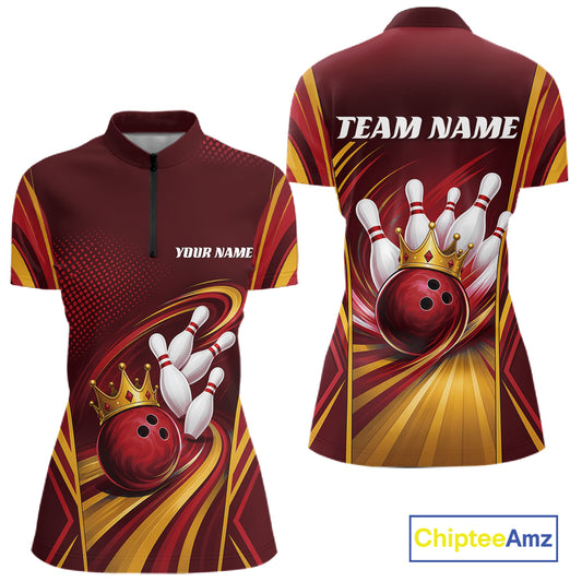 Front and back views of a short-sleeve bowling quarter zip shirt on a white background. The shirt features a dark red base with gold and yellow graphic swirls, a red bowling ball with a gold crown, white bowling pins, and customizable text placeholders reading 'TEAM NAME' and 'YOUR NAME'.