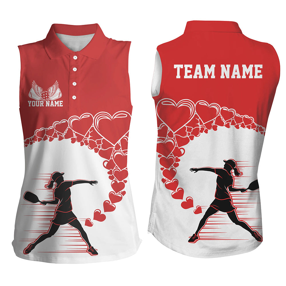 Custom Valentine Pickleball Women's Sleeveless Polo Shirts, Red Heart Pickleball Couple Shirt IPHW8105