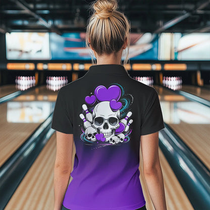 Custom Black And Purple Skull Valentines Day Couple Bowling Polo Shirts For Women IPHW8342