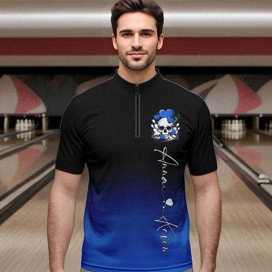 Custom Black And Blue Skull Valentines Day Couple Bowling Quarter-Zip Shirts For Men IPHW8343