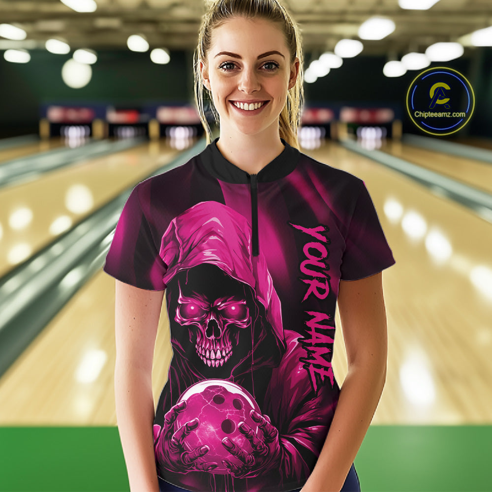 Pink Bowling Grim Reaper Custom Women Bowling Quarter-Zip Shirt Skull Bowling Jersey IPHW10697