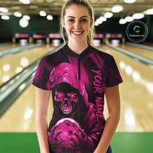 Load image into Gallery viewer, Pink Bowling Grim Reaper Custom Women Bowling Quarter-Zip Shirt Skull Bowling Jersey IPHW10697