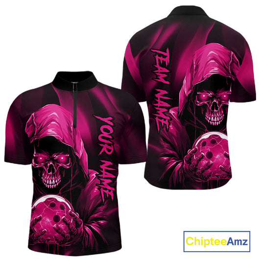 Pink Bowling Grim Reaper Custom Men Bowling Quarter-Zip Shirts Skull Bowling Team Jerseys IPHW10697