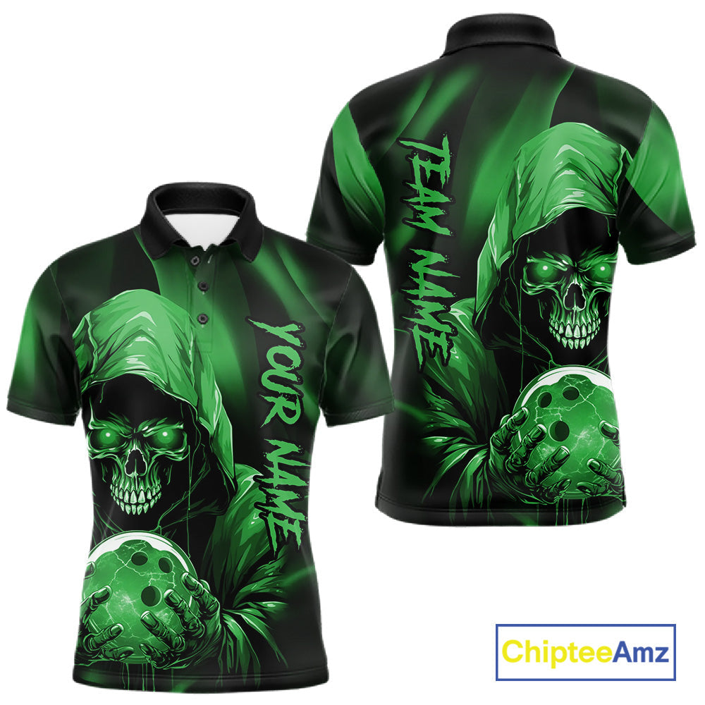 Green Bowling Grim Reaper Custom Men Bowling Polo Shirts Skull Bowling Team Jerseys IPHW10698