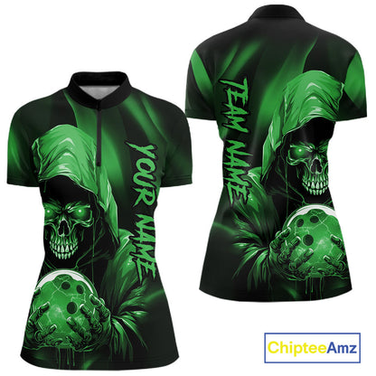 Green Bowling Grim Reaper Custom Women Bowling Quarter-Zip Shirts Skull Bowling Jerseys IPHW10698