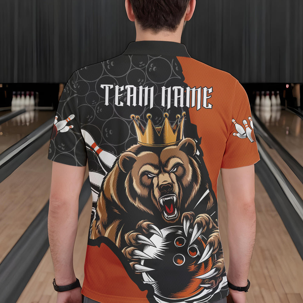 Black And Orange Custom Bear Bowling King Polo Shirts For Men, Bear Bowling Team Uniform IPHW8837