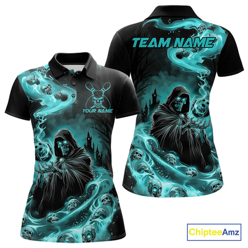 Custom Grim Reaper Bowling Polo Shirts For Women, Teal Blue Flame Skull Halloween Design IPHW9082