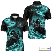 Load image into Gallery viewer, Custom Grim Reaper Bowling Polo Shirts For Men, Teal Blue Flame Skull Halloween Design IPHW9082