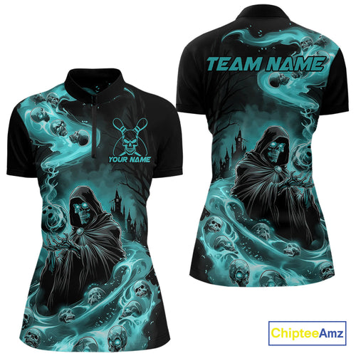 Custom Grim Reaper Bowling Women Quarter-Zip Shirt, Teal Blue Flame Skull Halloween IPHW9082