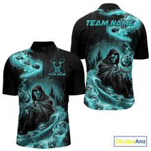 Load image into Gallery viewer, Custom Grim Reaper Bowling Quarter-Zip Shirts For Men, Teal Blue Flame Skull Halloween Design IPHW9082