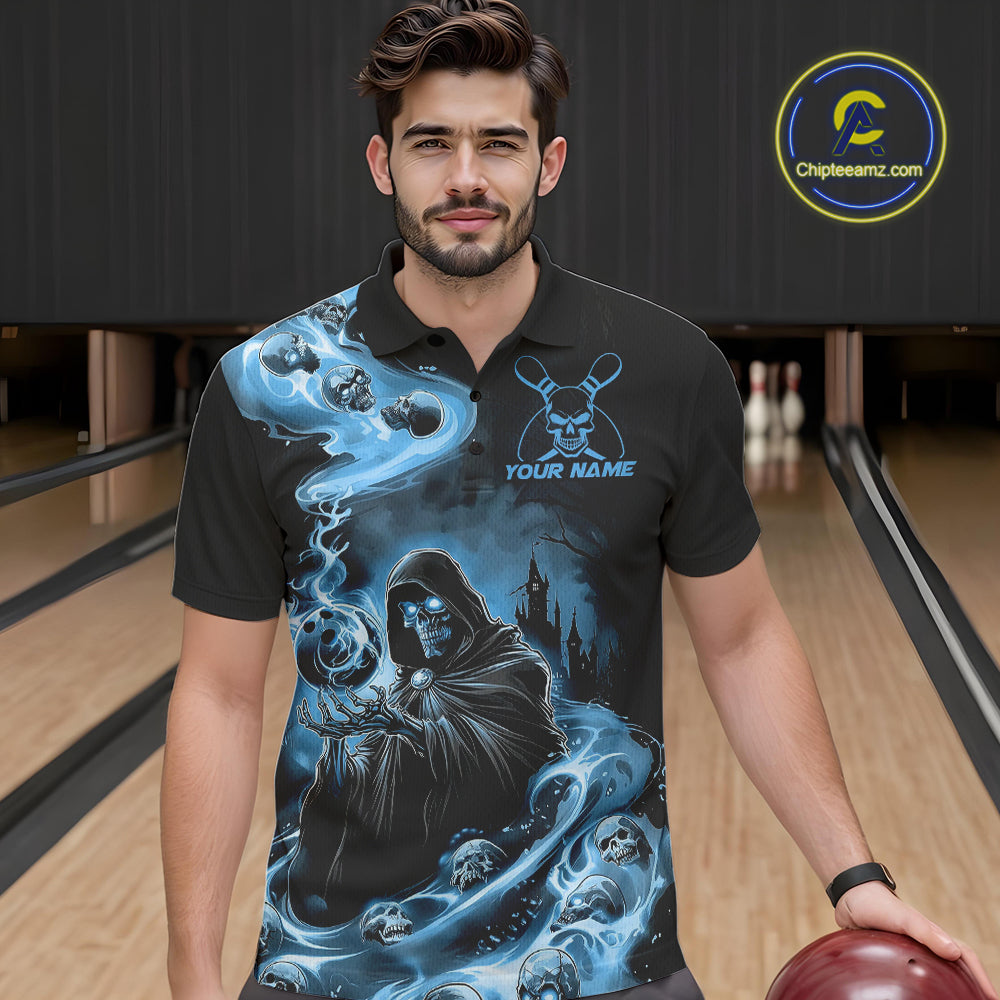 Custom Grim Reaper Bowling Polo Shirts For Men, Mid Blue Flame Skull Halloween Design IPHW9083