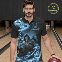 Load image into Gallery viewer, Custom Grim Reaper Bowling Polo Shirts For Men, Mid Blue Flame Skull Halloween Design IPHW9083