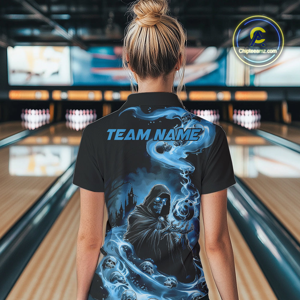 Custom Grim Reaper Bowling Polo Shirts For Women, Mid Blue Flame Skull Halloween Design IPHW9083