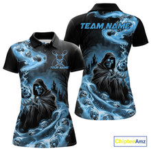 Load image into Gallery viewer, Custom Grim Reaper Bowling Polo Shirts For Women, Mid Blue Flame Skull Halloween Design IPHW9083
