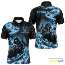 Load image into Gallery viewer, Custom Grim Reaper Bowling Polo Shirts For Men, Mid Blue Flame Skull Halloween Design IPHW9083