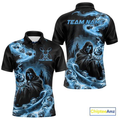 Custom Grim Reaper Bowling Polo Shirts For Men, Mid Blue Flame Skull Halloween Design IPHW9083