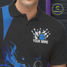 Load image into Gallery viewer, Custom Mid Blue Flame Bowling Polo Shirts For Men, Striking Fire Jerseys Team Uniform IPHW9084