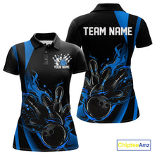 Load image into Gallery viewer, Custom Mid Blue Flame Bowling Polo Shirts For Women, Striking Fire Jerseys Team Uniform IPHW9084