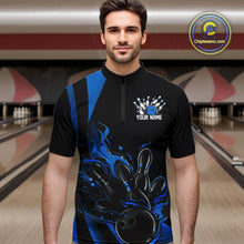 Load image into Gallery viewer, Custom Mid Blue Flame Bowling Quarter-Zip Shirts For Men, Striking Fire Jerseys Team Uniform IPHW9084