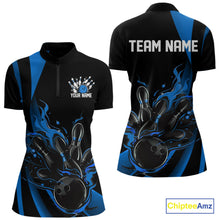 Load image into Gallery viewer, Custom Mid Blue Flame Bowling Women Quarter-Zip Shirt, Striking Fire Jerseys Team Uniform IPHW9084
