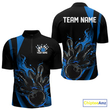 Load image into Gallery viewer, Custom Mid Blue Flame Bowling Quarter-Zip Shirts For Men, Striking Fire Jerseys Team Uniform IPHW9084