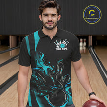 Load image into Gallery viewer, Custom Teal Blue Flame Bowling Polo Shirts For Men, Striking Fire Jerseys Team Uniform IPHW9085
