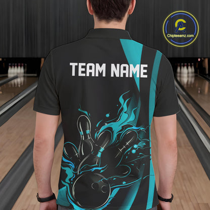 Custom Teal Blue Flame Bowling Polo Shirts For Men, Striking Fire Jerseys Team Uniform IPHW9085