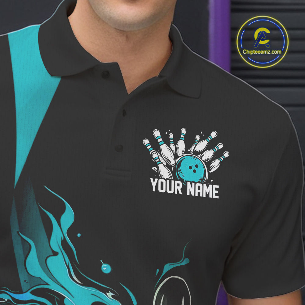 Custom Teal Blue Flame Bowling Polo Shirts For Men, Striking Fire Jerseys Team Uniform IPHW9085