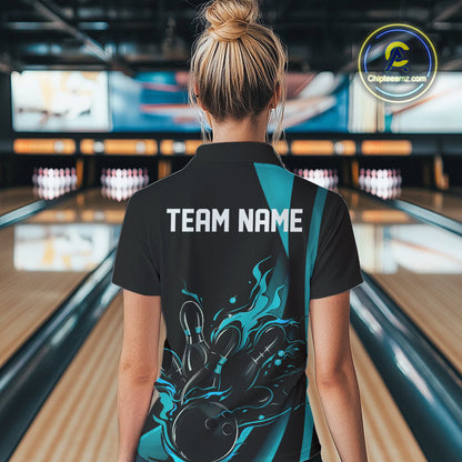 Custom Teal Blue Flame Bowling Polo Shirts For Women, Striking Fire Jerseys Team Uniform IPHW9085