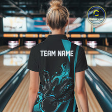 Load image into Gallery viewer, Custom Teal Blue Flame Bowling Polo Shirts For Women, Striking Fire Jerseys Team Uniform IPHW9085
