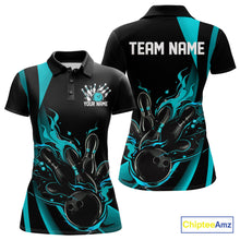 Load image into Gallery viewer, Custom Teal Blue Flame Bowling Polo Shirts For Women, Striking Fire Jerseys Team Uniform IPHW9085