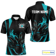 Load image into Gallery viewer, Custom Teal Blue Flame Bowling Polo Shirts For Men, Striking Fire Jerseys Team Uniform IPHW9085