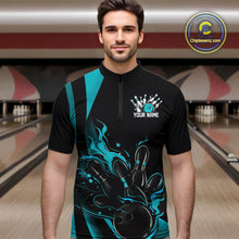 Load image into Gallery viewer, Custom Teal Blue Flame Bowling Quarter-Zip Shirts For Men, Striking Fire Jerseys Team Uniform IPHW9085