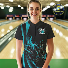 Load image into Gallery viewer, Custom Teal Blue Flame Bowling Women Quarter-Zip Shirt, Striking Fire Jersey Team Uniform IPHW9085