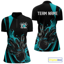 Load image into Gallery viewer, Custom Teal Blue Flame Bowling Women Quarter-Zip Shirt, Striking Fire Jersey Team Uniform IPHW9085