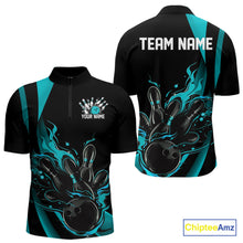 Load image into Gallery viewer, Custom Teal Blue Flame Bowling Quarter-Zip Shirts For Men, Striking Fire Jerseys Team Uniform IPHW9085