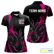 Load image into Gallery viewer, Custom Pink Flame Bowling Polo Shirts For Women, Striking Fire Jerseys Team Uniform IPHW9086