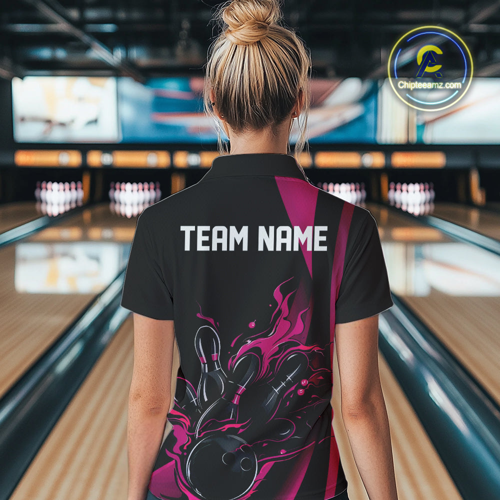 Custom Pink Flame Bowling Women Quarter-Zip Shirts, Striking Fire Jerseys Team Uniform IPHW9086
