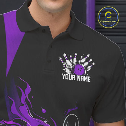 Custom Purple Flame Bowling Polo Shirts For Men, Striking Fire Jerseys Team Uniform IPHW9087