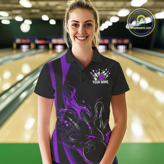 Custom Purple Flame Bowling Polo Shirts For Women, Striking Fire Jerseys Team Uniform IPHW9087