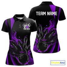 Load image into Gallery viewer, Custom Purple Flame Bowling Polo Shirts For Women, Striking Fire Jerseys Team Uniform IPHW9087