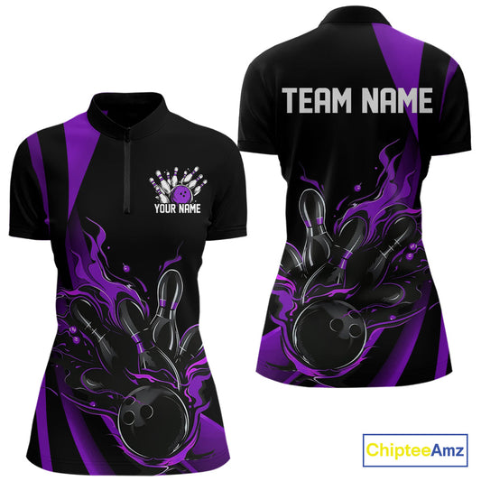 Custom Purple Flame Bowling Women Quarter-Zip Shirts, Striking Fire Jerseys Team Uniform IPHW9087