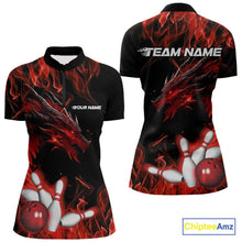 Load image into Gallery viewer, Custom Red Flame Dragon Bowling Team Women Quarter-Zip Shirt, Bowling League Shirt IPHW9333