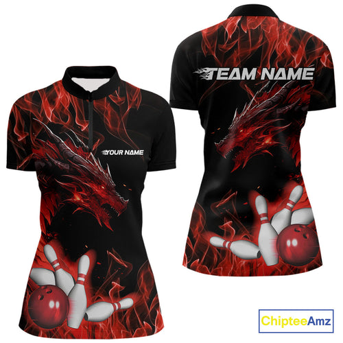 Custom Red Flame Dragon Bowling Team Women Quarter-Zip Shirt, Bowling League Shirt IPHW9333