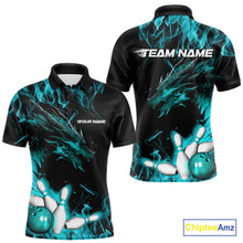 Load image into Gallery viewer, Custom Black And Blue Flame Dragon Bowling Team Men Polo Shirts, Bowling League Shirt IPHW9334