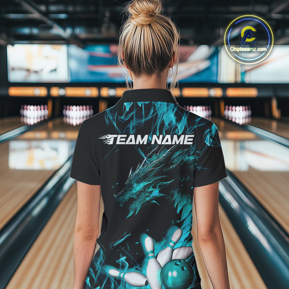 Custom Black And Blue Flame Dragon Bowling Women Quarter-Zip Shirts, Bowling League Shirt IPHW9334
