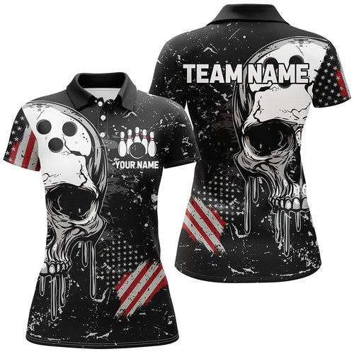 Custom Vintage American Flag Patriotic Bowling Shirts For Women, Skull Bowling Team Shirts IPHW7083