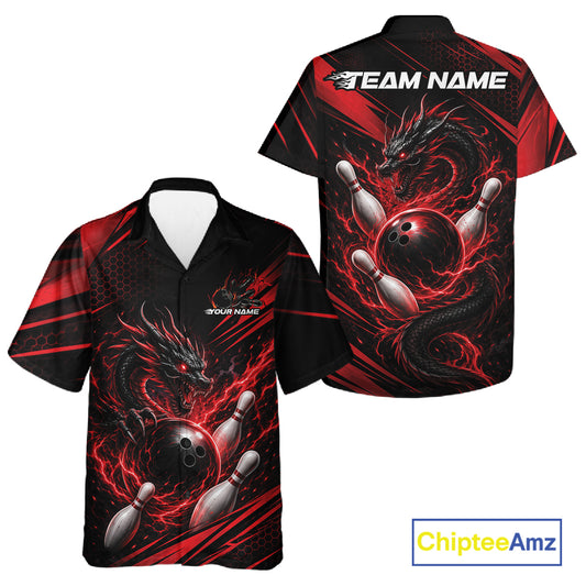 Front and back views of a black and red short-sleeve bowling button-up shirt with a dragon, bowling ball, and pins graphic, plus customizable text placeholders